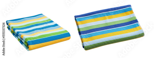  Vibrant and colorful striped beach towels folded and isolated on a white background