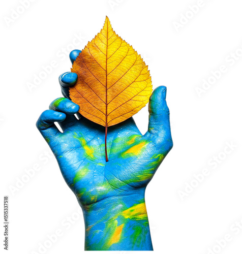Vibrant world map painted on a hand holding a golden autumn leaf representing environmental care