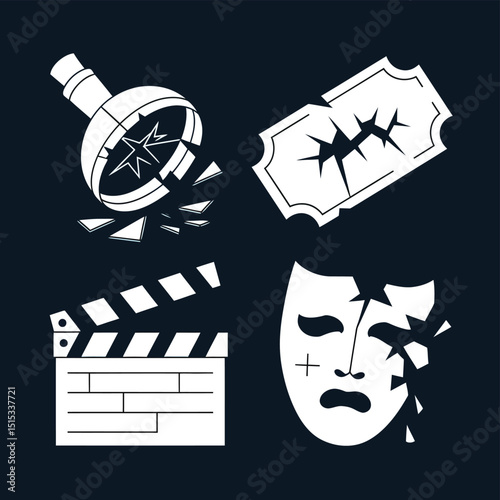 vector icons for cinema, Director's Chair , theatrical roles, video tape, cinema shattered spotlight, Theater Ticket

