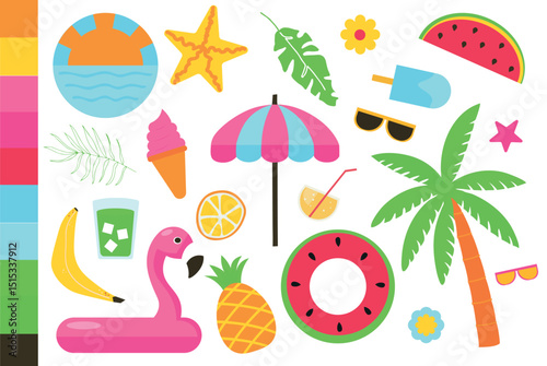 Hello summer. An isolated set of summer-themed stickers. Flamingos, inflatable circle, tropical fruits, beach umbrella, starfish, ice cream