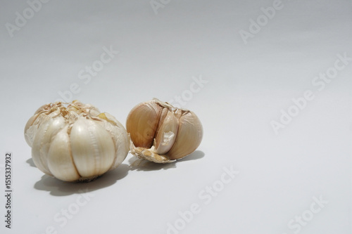 Close up of garlic free copy space isolated white background