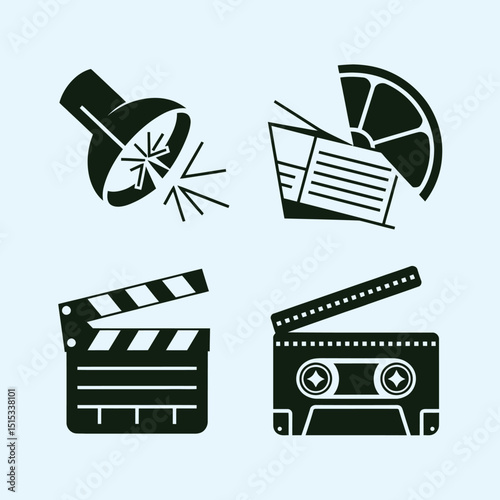 vector icons for cinema, Director's Chair , theatrical roles, video tape, cinema shattered spotlight, Theater Ticket
