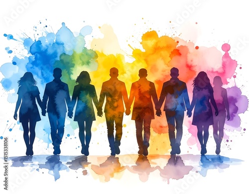 Diverse group walking, colorful background (1)