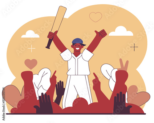 A triumphant young cricketer celebrates a win on a sunny field. A dynamic, sporty design.