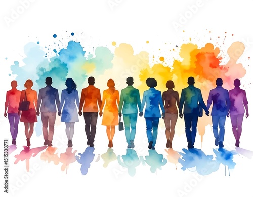 Diverse group walking, colorful background