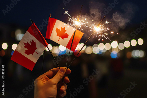 Hand holding Canadian flags and sparklers at night celebration