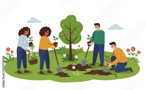 Diverse group planting trees in a garden, showcasing teamwork and environmental care through a vibrant design ideal for branding or logos