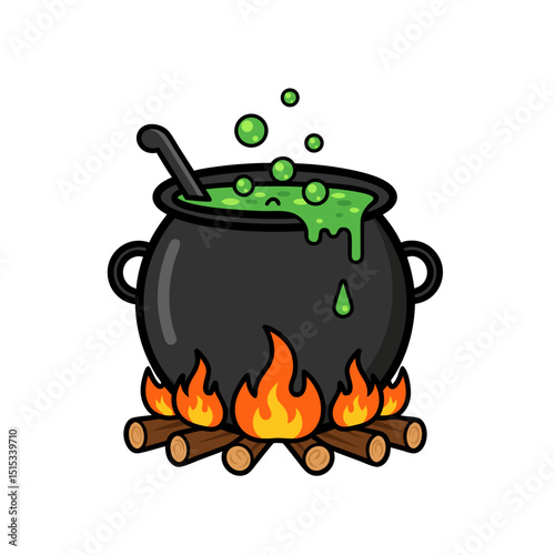 Cartoon cauldron bubbling with green liquid over a campfire  