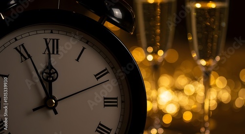 Clock Strikes Twelve with Champagne Glasses for Celebration