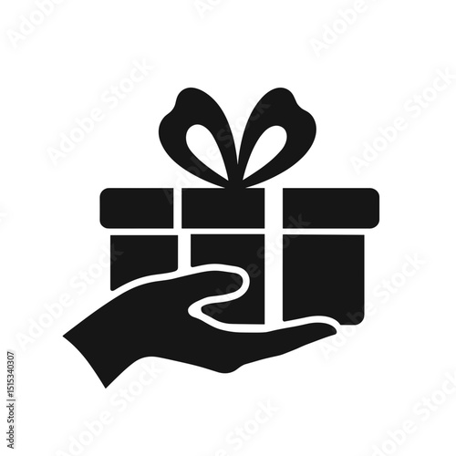 Icon of hand holding a gift box with ribbon in simple design  