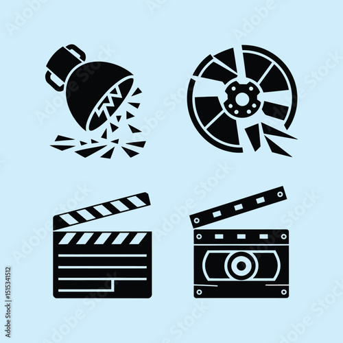 vector icons for cinema, Director's Chair , theatrical roles, video tape, cinema shattered spotlight, Theater Ticket
