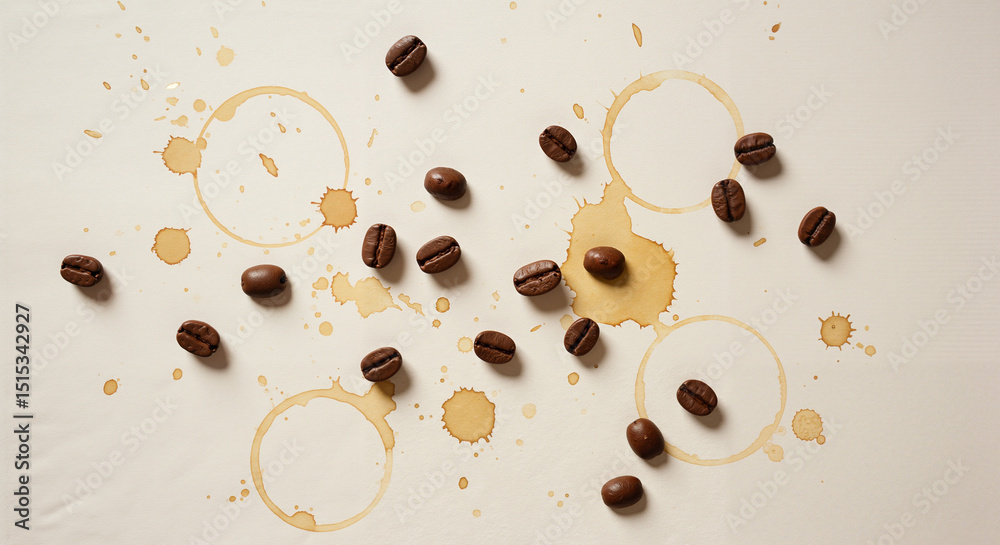 Obraz premium Coffee beans with spilled stains on white background