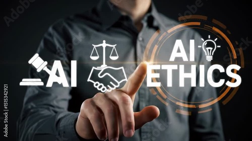 Man points to ai ethics graphic featuring a gavel handshake and lightbulb