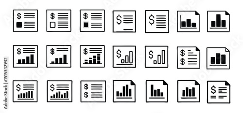 Collection of minimalistic financial documents and charts representing data analysis and economic reports for business applications.