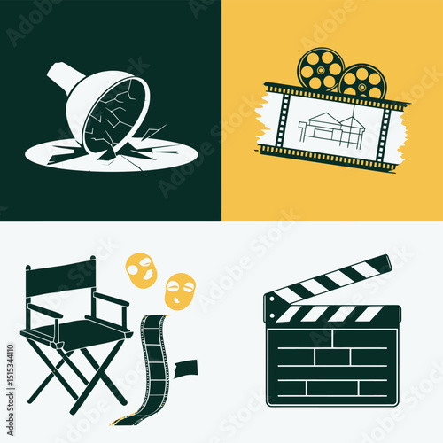 vector icons for cinema, Director's Chair , theatrical roles, video tape, cinema shattered spotlight, Theater Ticket
