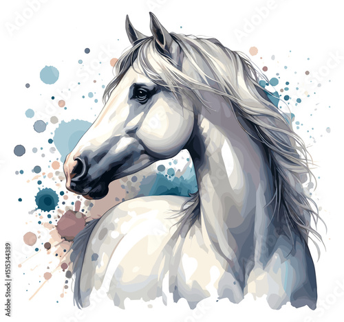 White Horse. Horse head drawing. Portrait. Watercolor style. Isolated on a white background. Banner. Vector illustration