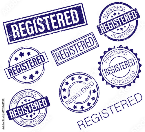 Grungy and vintage blue REGISTERED badges with stars and borders in stamp format. Perfect for legal, business, or document design templates. Ideal for retro branding, packaging, or verification.