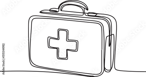 Medical bag with cross symbol in continuous one line drawing, minimalist doctor’s bag vector for healthcare and first aid concept illustration


