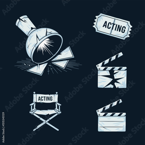 vector icons for cinema, Director's Chair , theatrical roles, video tape, cinema shattered spotlight, Theater Ticket
