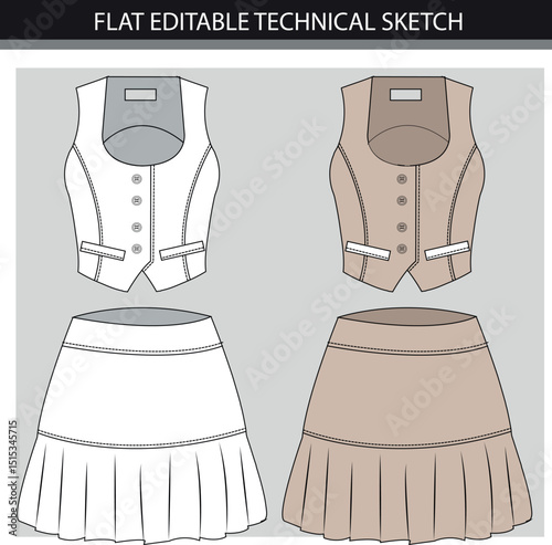 Flat Editable Technical Sketch of a Vest and Skirt Outfit