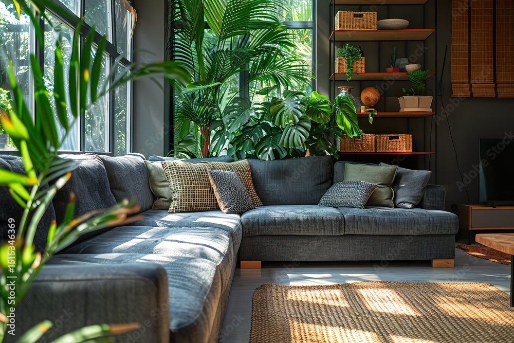 Interior of living room with green houseplants and sofas Interior of living room with green houseplants and sofas