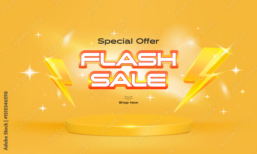 Αυτοκόλλητο 3D thunder bolt icons realistic and podium stage background with flash lightning flare