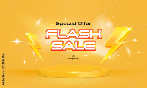 3D thunder bolt icons realistic and podium stage background with flash lightning flare.