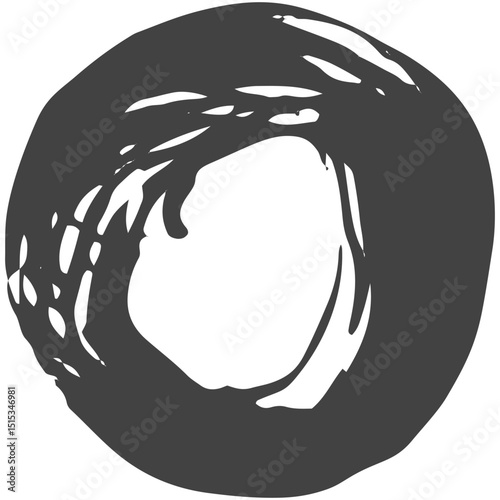 Grunge Brush Circle Stroke, Hand Drawn Ink Ring, Abstract Round Shape, Zen Enso Symbol, Black Grungy Circular Frame Isolated on Transparent Background