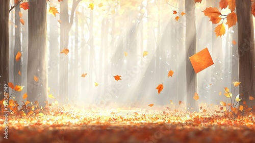 Autumn Forest Scene with Falling Leaves and Sunlight