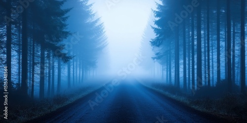 Nation relaxation day with calm nature idea. Misty forest road with blue tones and soft lighting.