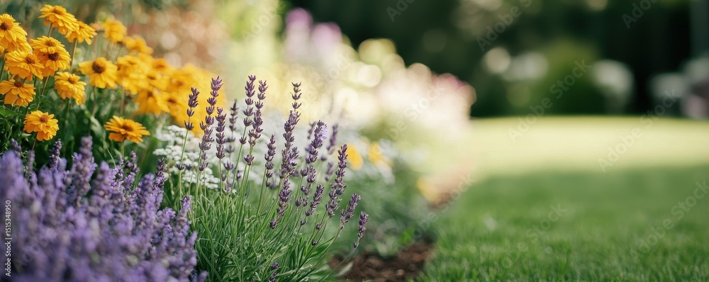 Obraz premium Nation relaxation day with calm nature idea. Vibrant flowers in a sunny garden setting.