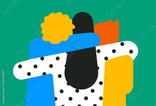 Friends together, hands in shoulder, backside of friends illustration