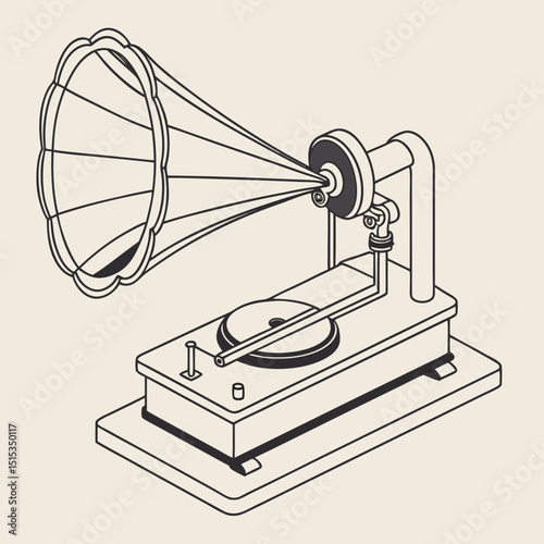 Vintage gramophone illustration with horn speaker in monochrome style  
