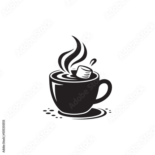 Hot Beverage with Marshmallow, Perfect for Cozy Moments.A stylized black and white illustration of a coffee cup filled with a hot beverage and a marshmallow.