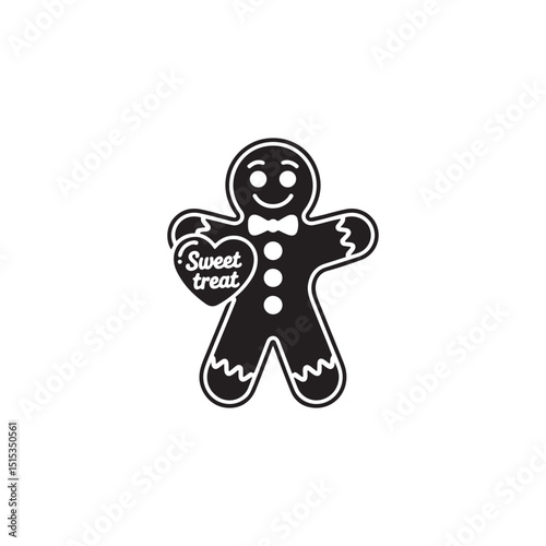 Cute gingerbread man holding a sweet treat.A cheerful, black and white illustration of a gingerbread man.