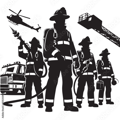 Black Color Firefighting Silhouette Vector Illustration, Solid White Background