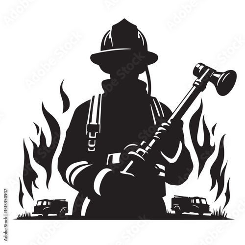 Black Color Firefighting Silhouette Vector Illustration, Solid White Background