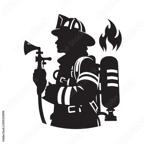 Black Color Firefighting Silhouette Vector Illustration, Solid White Background