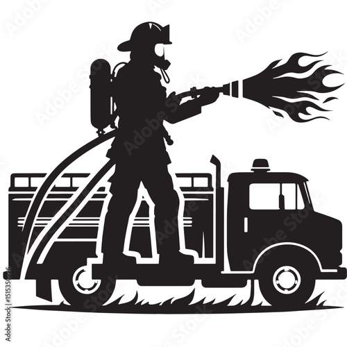 Black Color Firefighting Silhouette Vector Illustration, Solid White Background