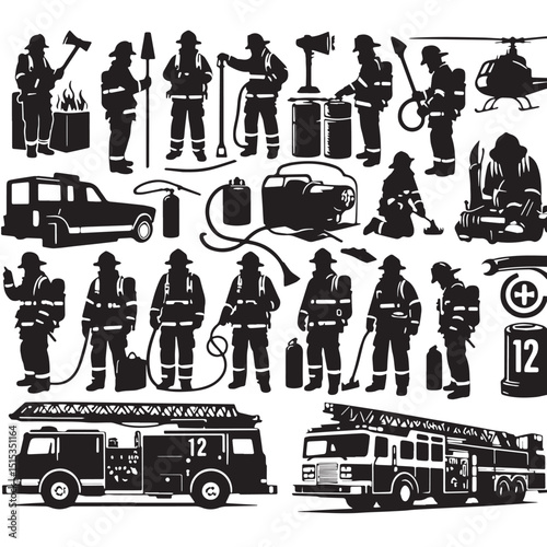 Black Color Firefighting Silhouette Vector Illustration, Solid White Background