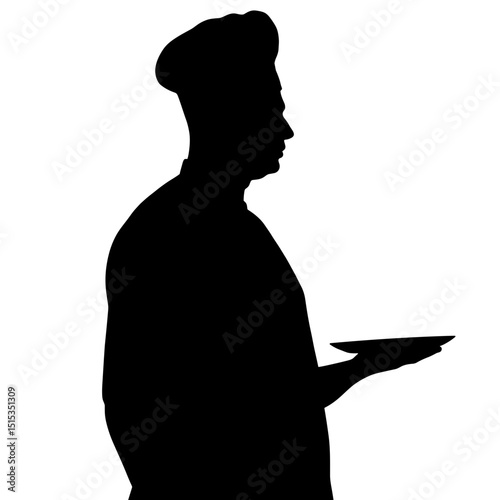 Chef silhouette holding a plate in a professional pose for culinary and cooking concept    