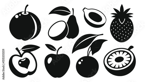 Fresh Harvest Silhouette: An eye-catching arrangement of various fruits, meticulously rendered in bold monochrome silhouette, evoking a sense of natural freshness and healthy eating habits.