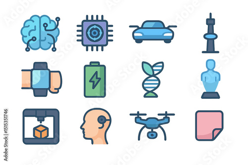 Futuristic technology icons featuring ai, gadgets, hologram, and robotics elements