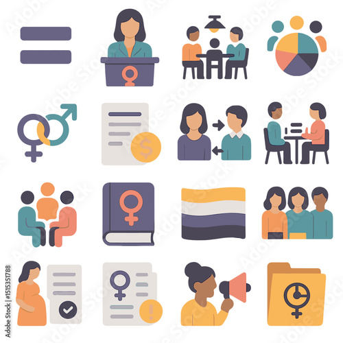 Diverse gender equality icons: meetings, discussions, and representation