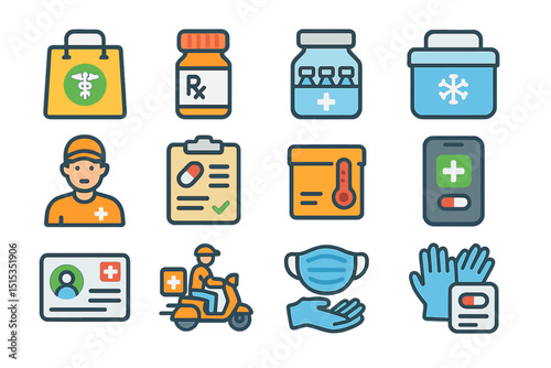 Healthcare icons featuring medicine delivery and protective gear illustrations