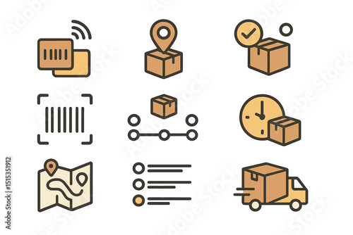 Delivery and tracking icon set with map, package, and truck symbols