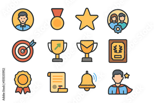 Colorful achievement icons featuring trophies, medals, stars, and certificates
