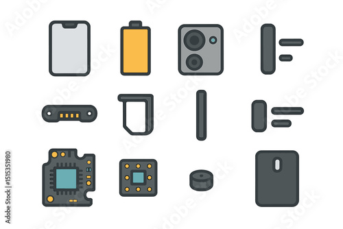 Electronic components icons: battery, camera, circuit board, and charger ports