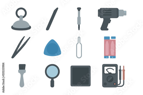 Collection of repair tools on dark background with glowing effect