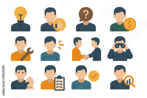 Illustrated icons of business concepts and male figures in blue and orange